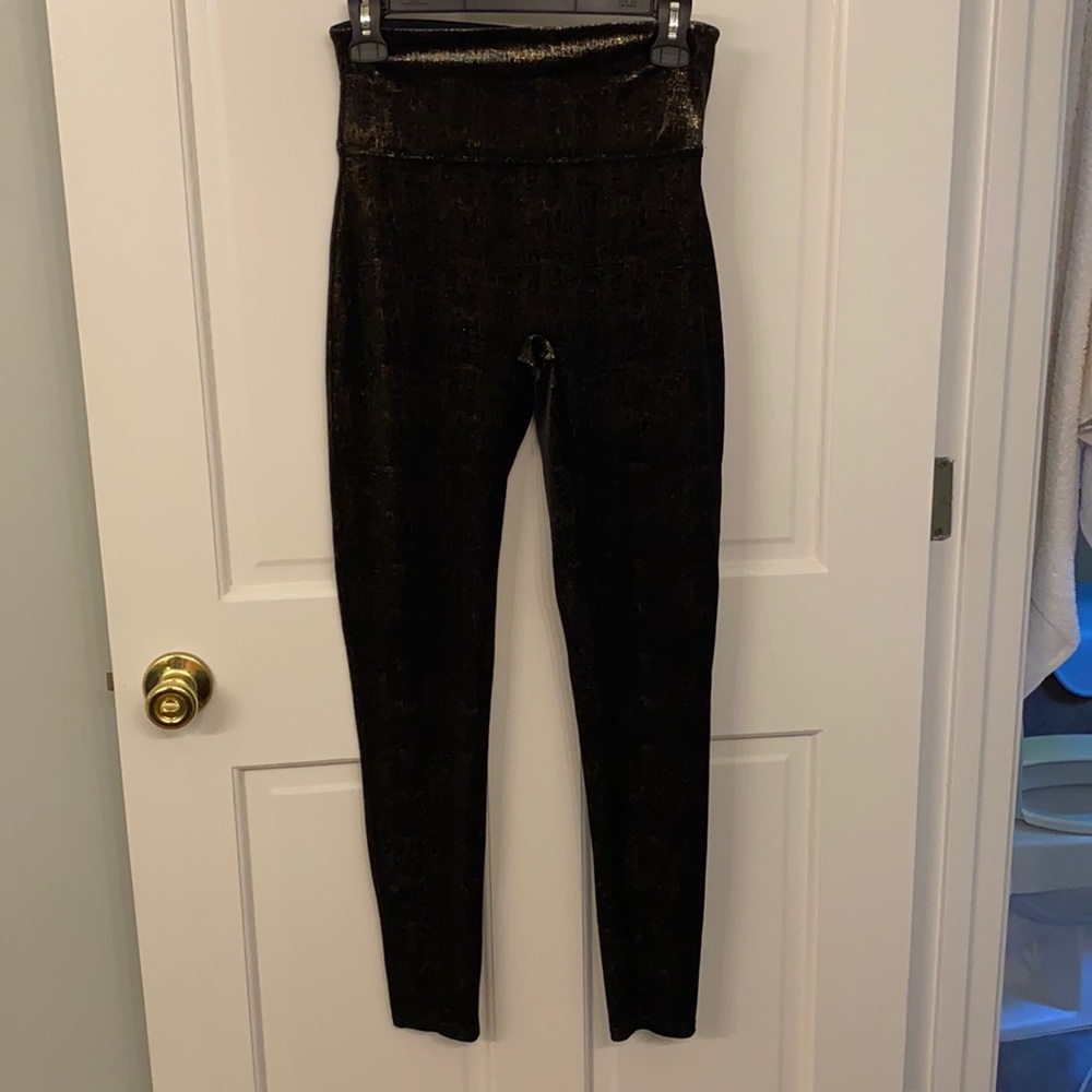 Spanx black velvet and gold leggings